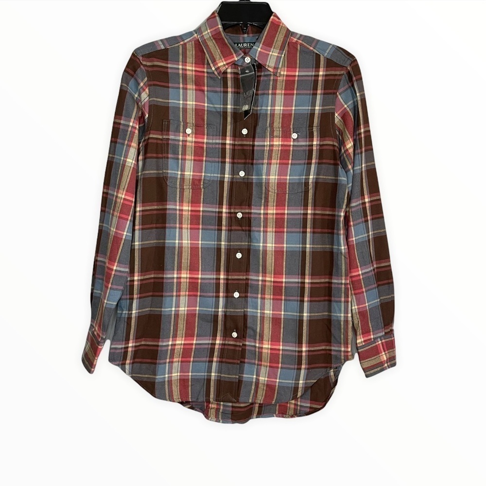 NEW Lauren Ralph Lauren Red Blue Brown Plaid Button Down Shirt Size XS